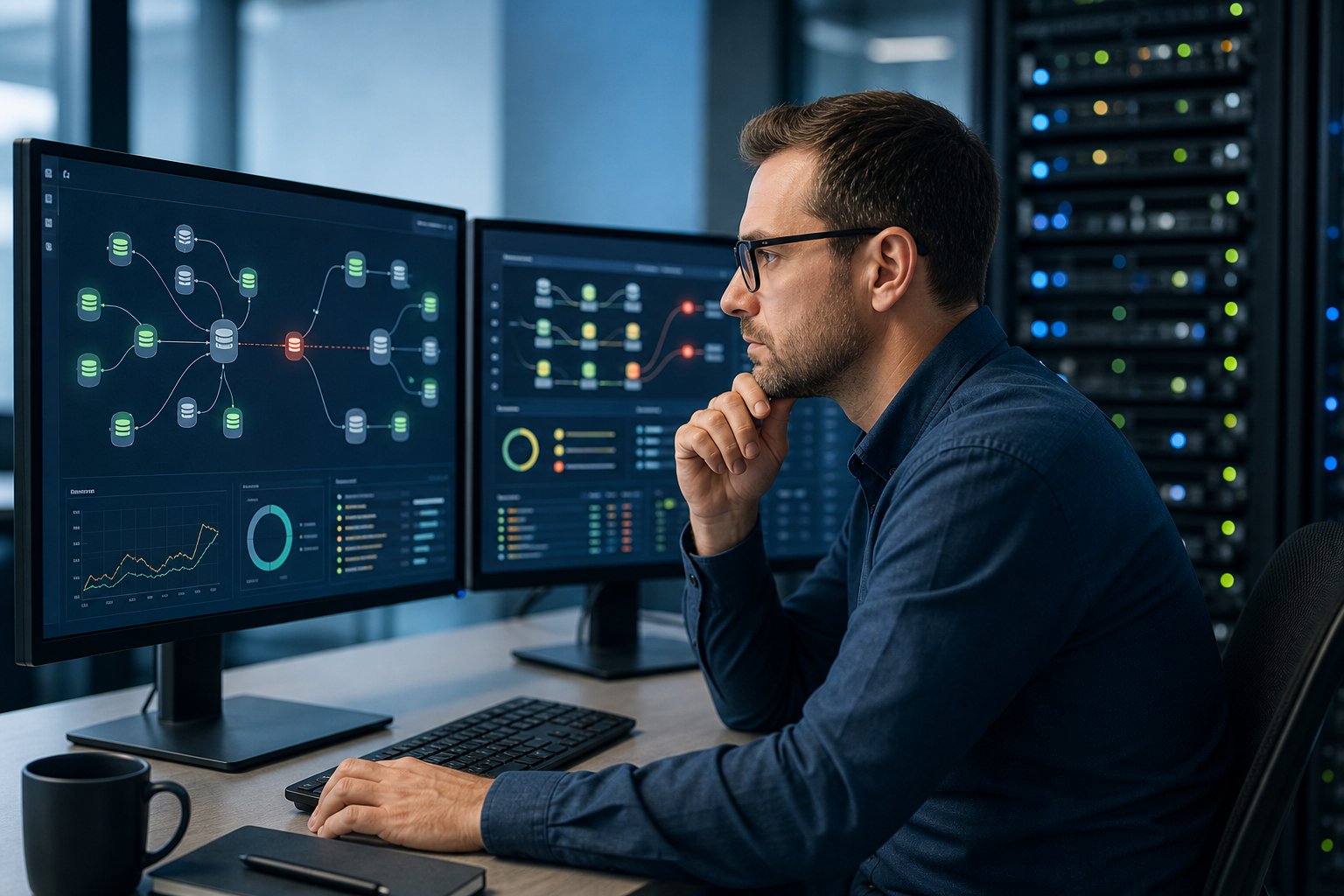 A network administrator examines connection diagnostics on computer monitors beside server equipment.