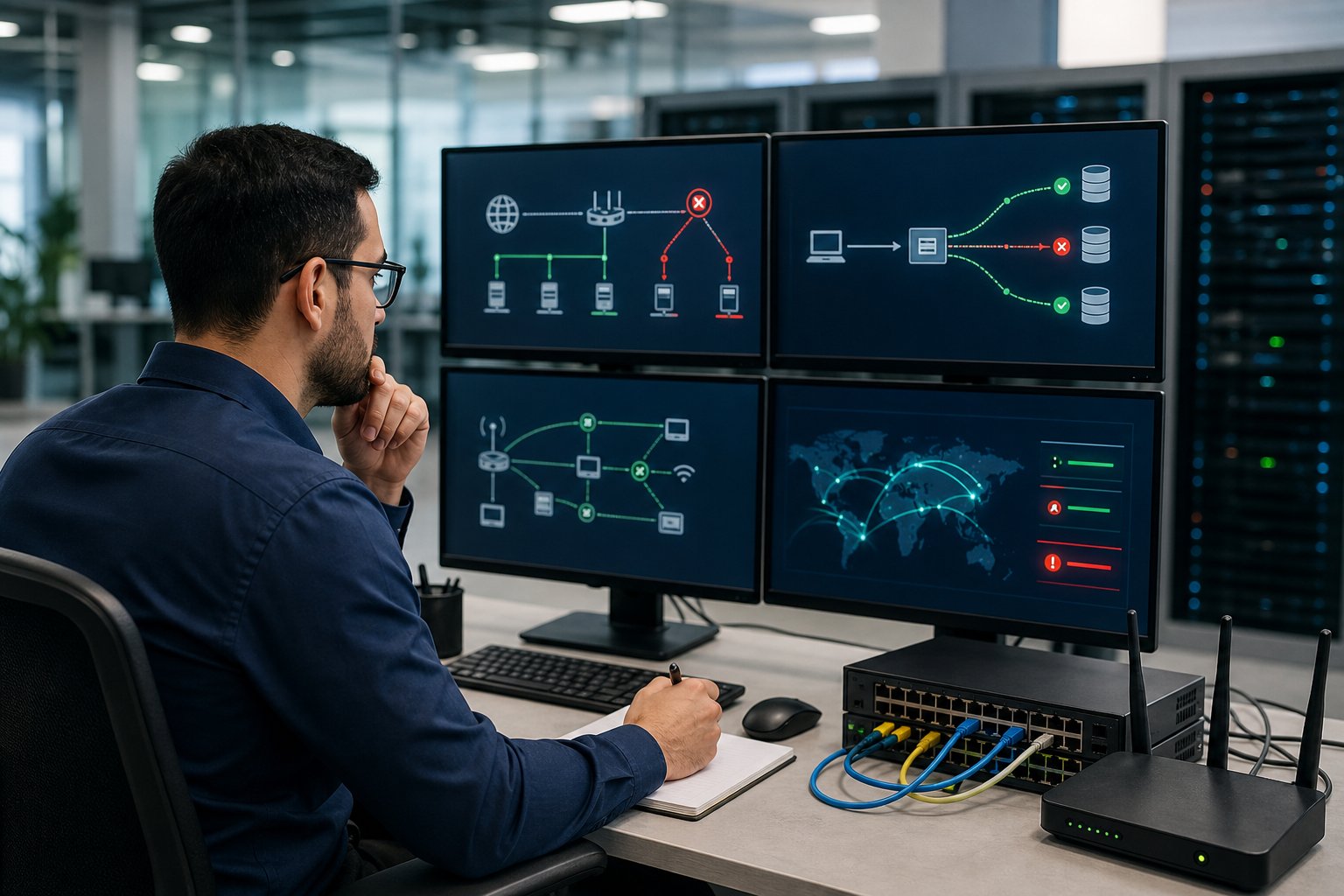 Network engineer examining diagnostic connections on multiple monitors at an IT workstation.
