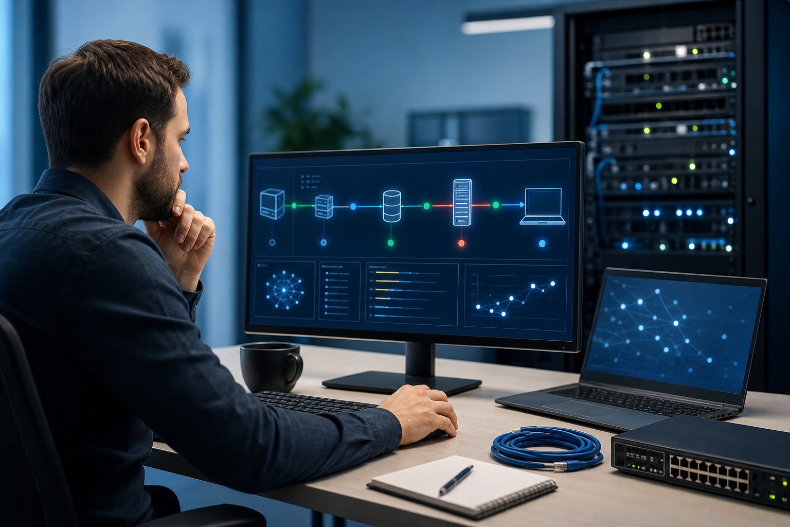 A network engineer examines computer equipment and diagnostic visuals while troubleshooting a DNS connection.
