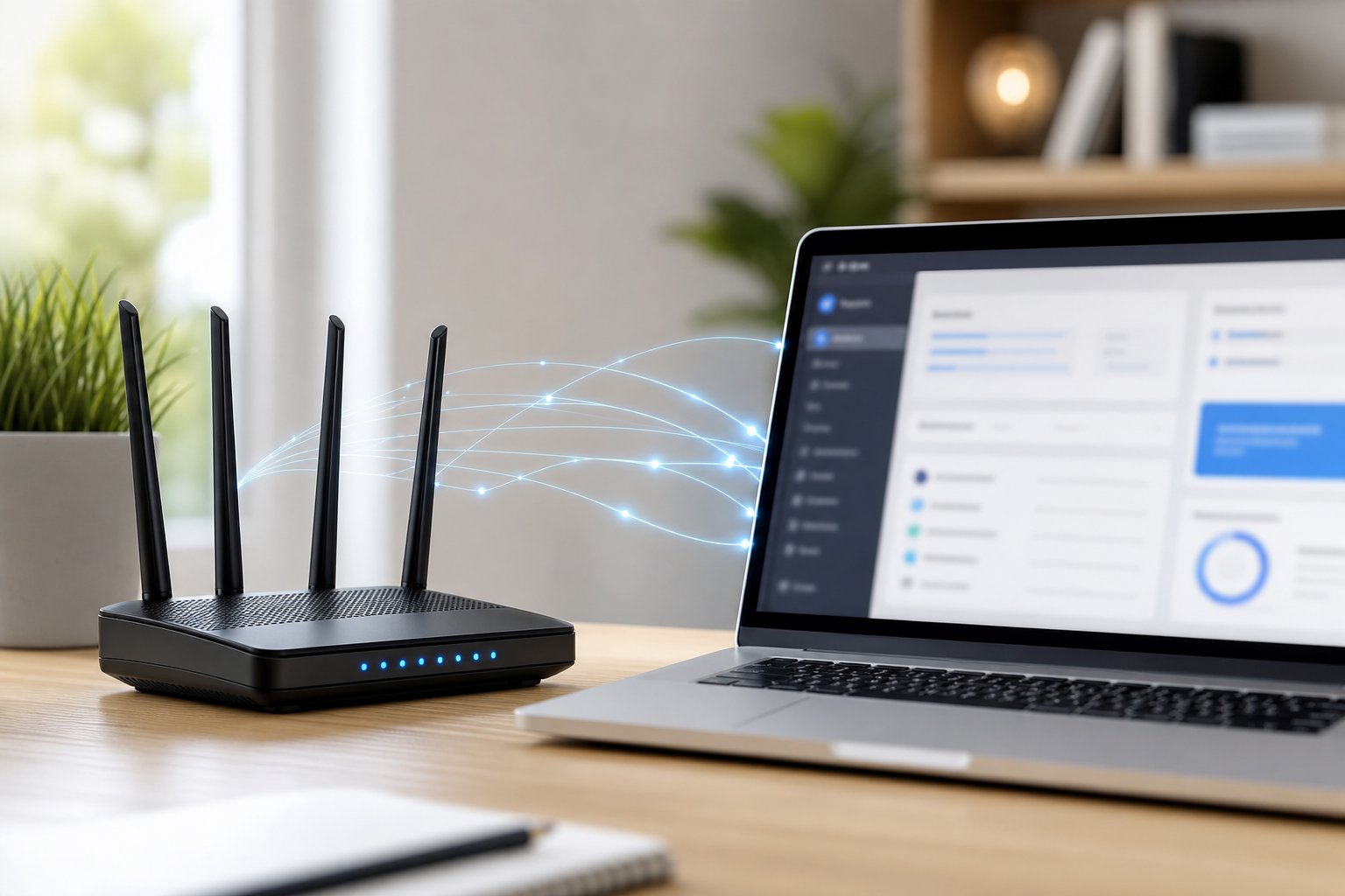 A wireless router sits beside a laptop showing network settings.