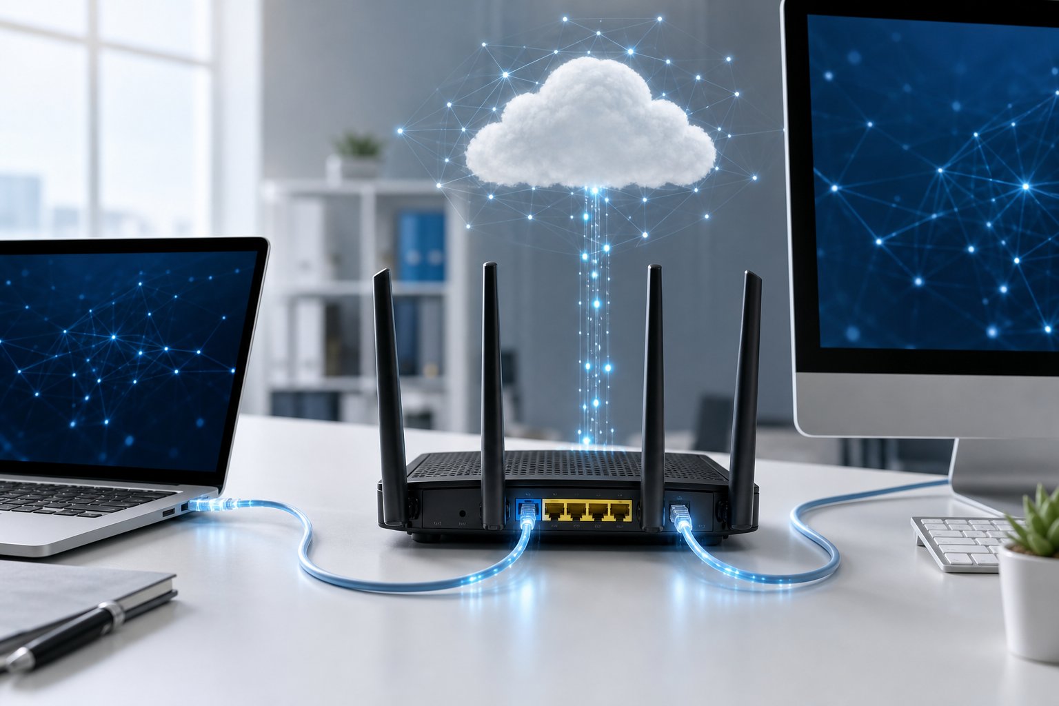 A wireless router connects computers in a local network to the internet.