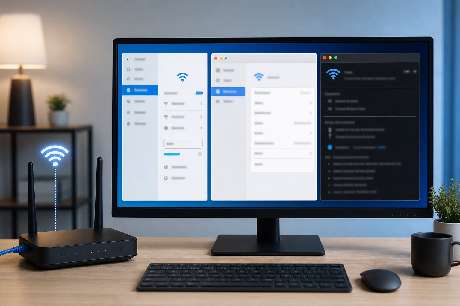 Computer screens and a router representing network gateway settings on three operating systems.