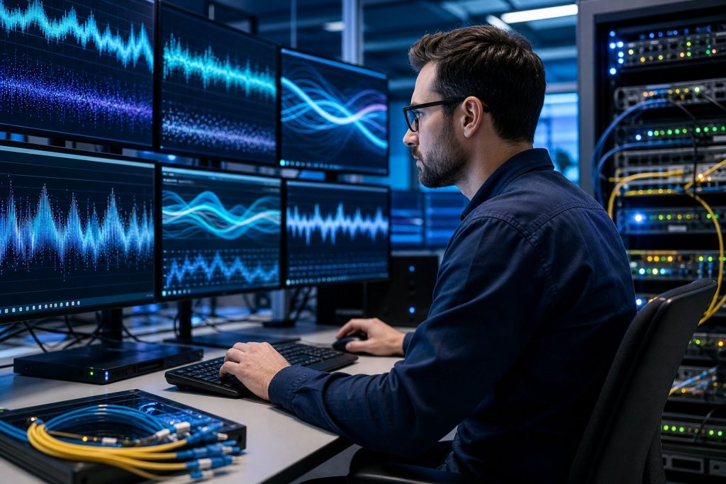 An IT engineer analyzes fluctuating network signals on several monitors in a network operations center.