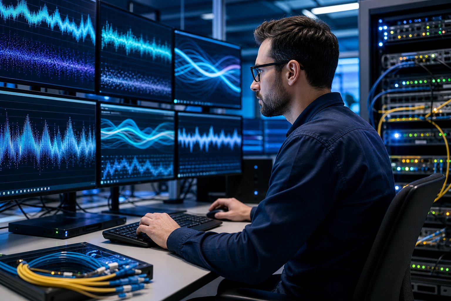 An IT engineer analyzes fluctuating network signals on several monitors in a network operations center.