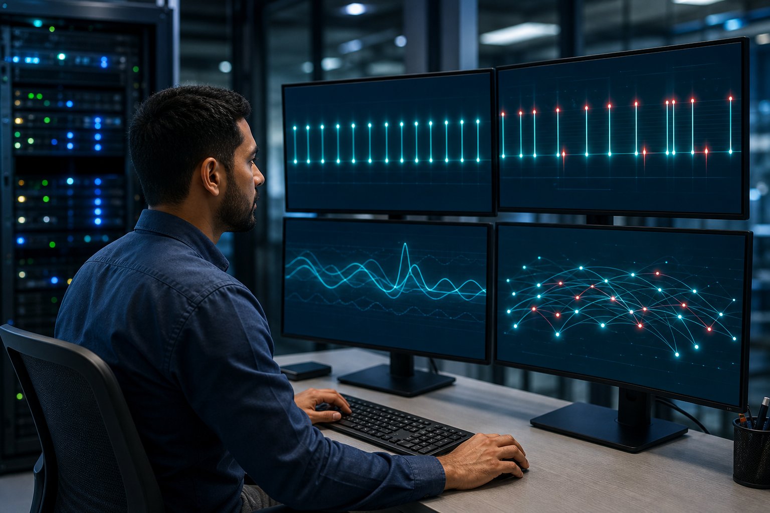 An IT engineer monitors abstract network timing signals on screens in a modern operations center.