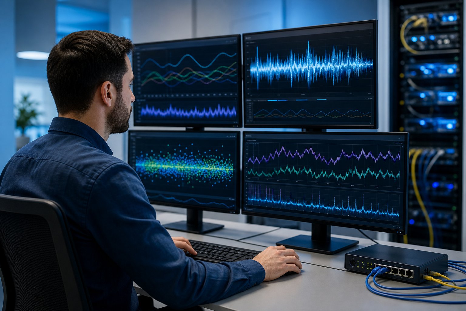 IT professional monitoring network connection stability on screens beside networking equipment.