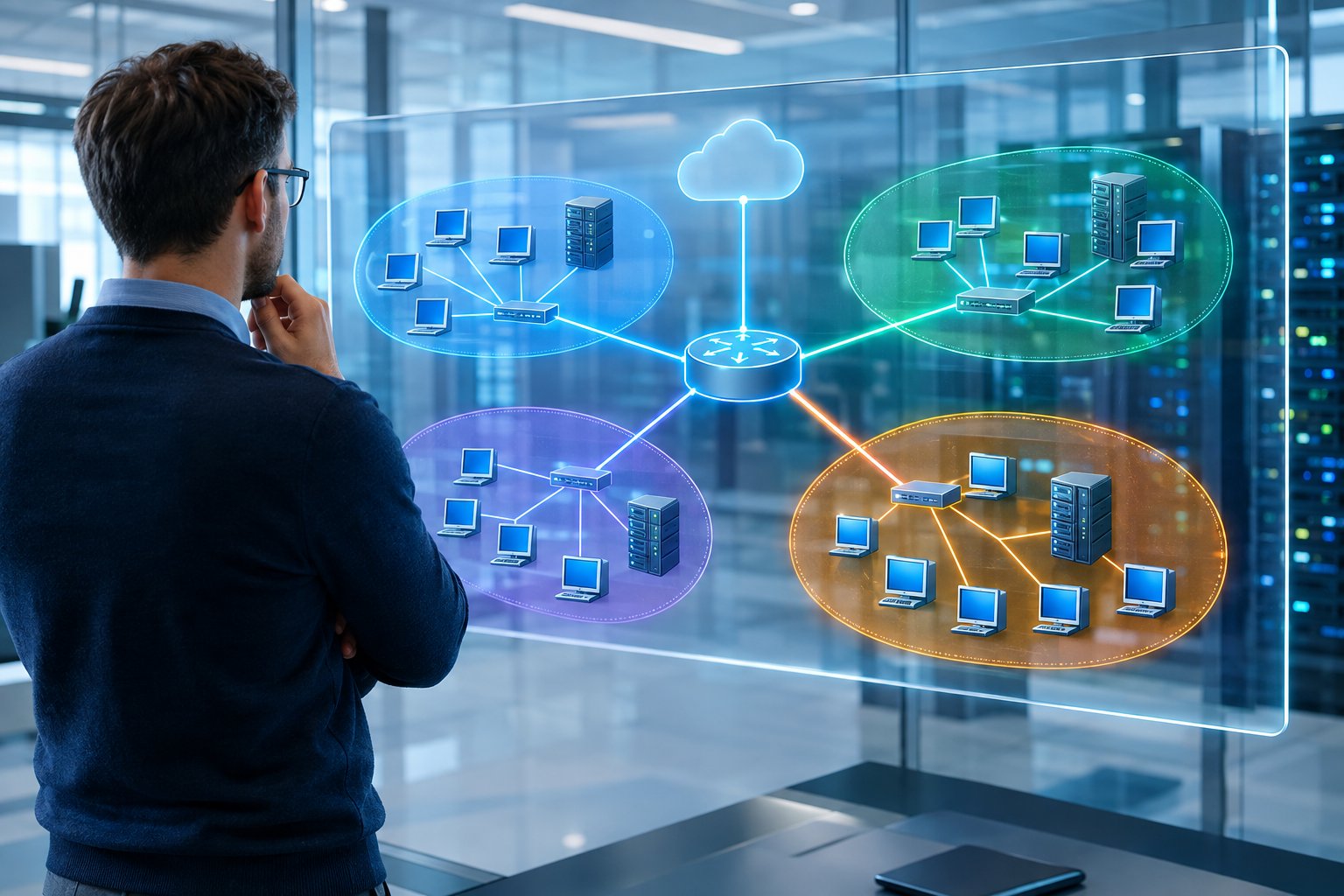 A network engineer examines a large visualized computer network divided into separate connected sections.