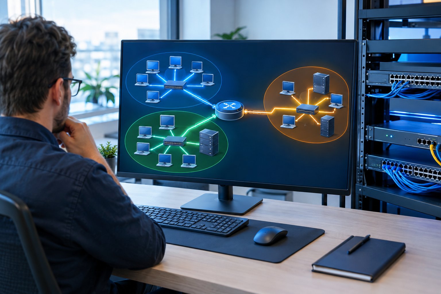 A network engineer studies a monitor showing connected devices grouped into local networks, with a router linking separate network groups.