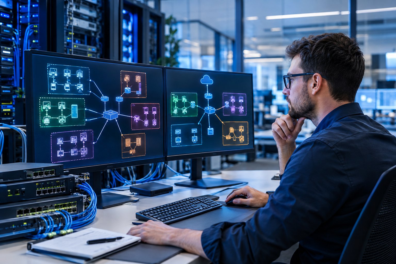 A network engineer examines a segmented computer network displayed across monitors in a modern operations workspace.