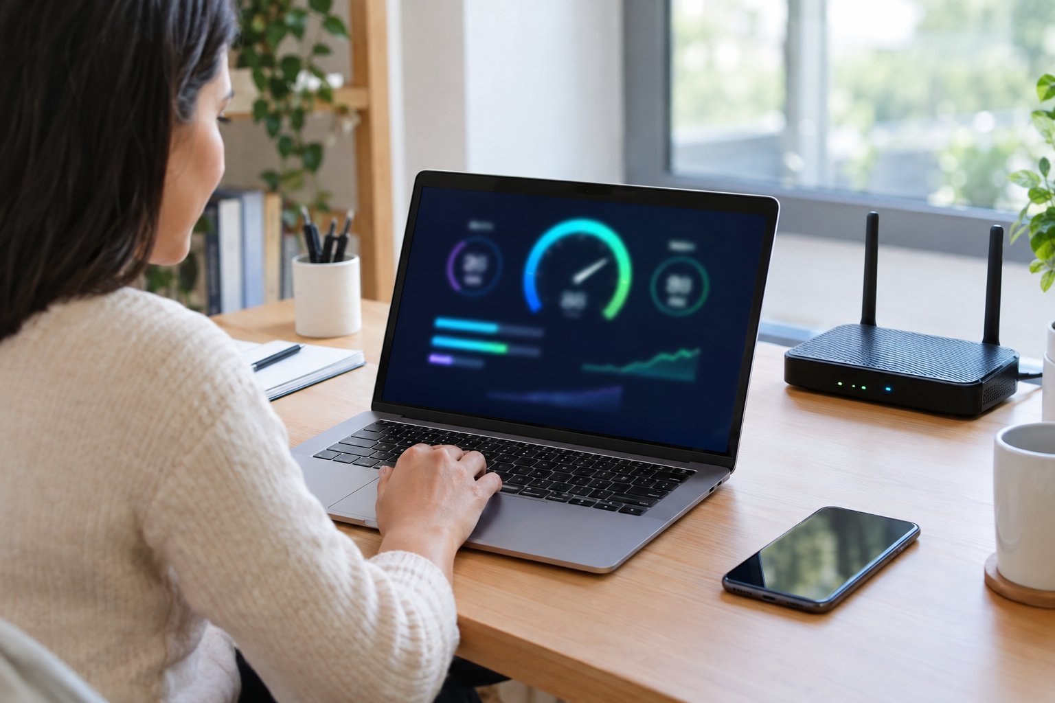 A person uses a laptop beside a wireless router in a home office to check internet speed.