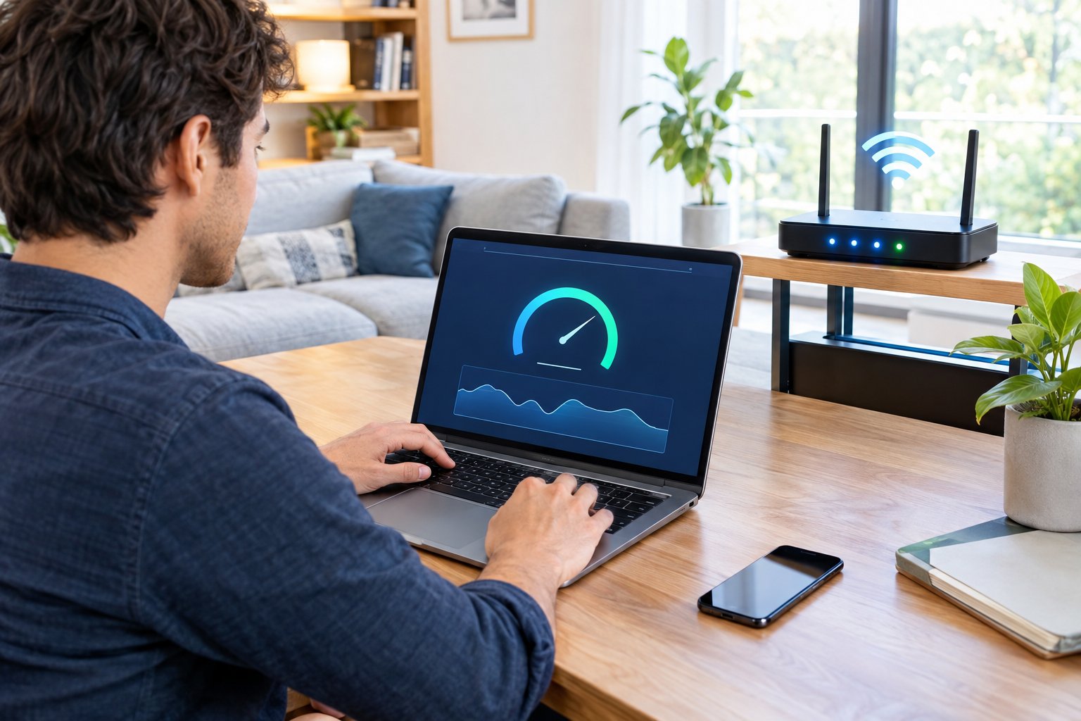 Person checking Wi-Fi performance on a laptop beside a wireless router in a home office.