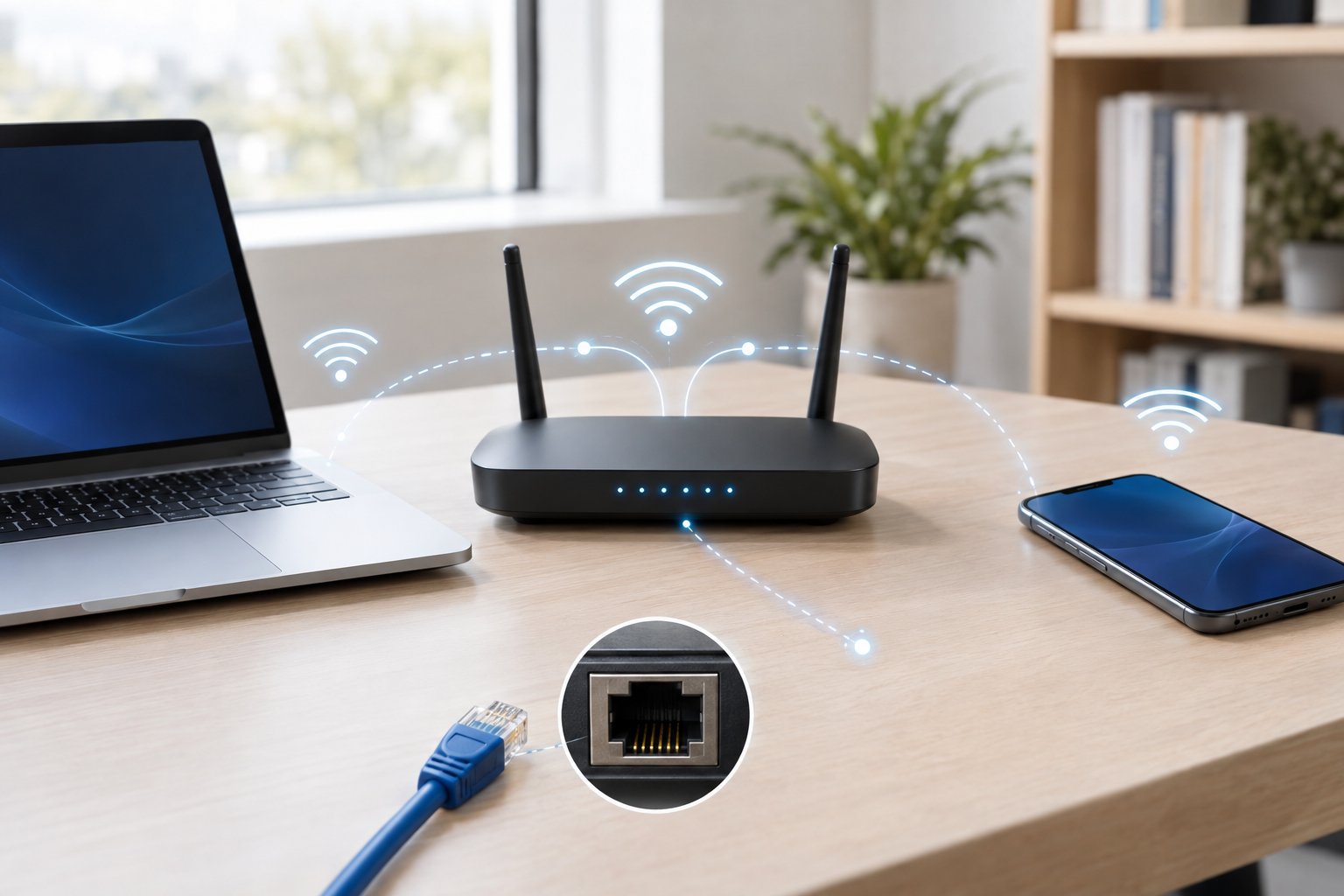 A router connects a laptop and smartphone on a desk.