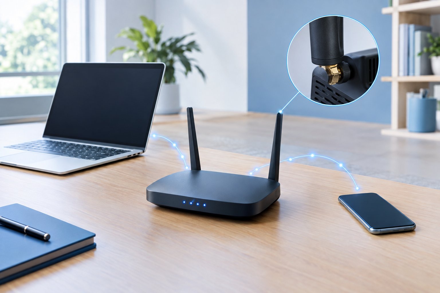 A router connects a laptop and smartphone in a home office.