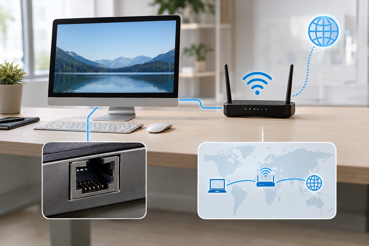 A desktop computer connected to a wireless router, illustrating two types of network addresses.