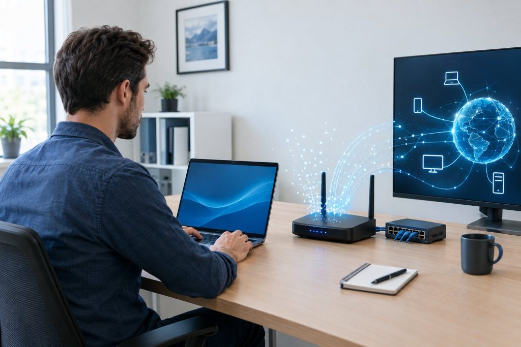 A network administrator works at a laptop beside a router and network switch.