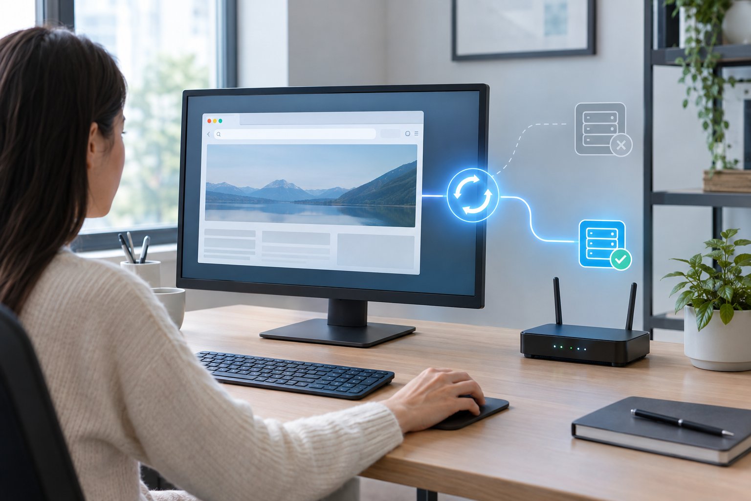 A person at a computer beside a router, with network paths connecting the computer to servers.