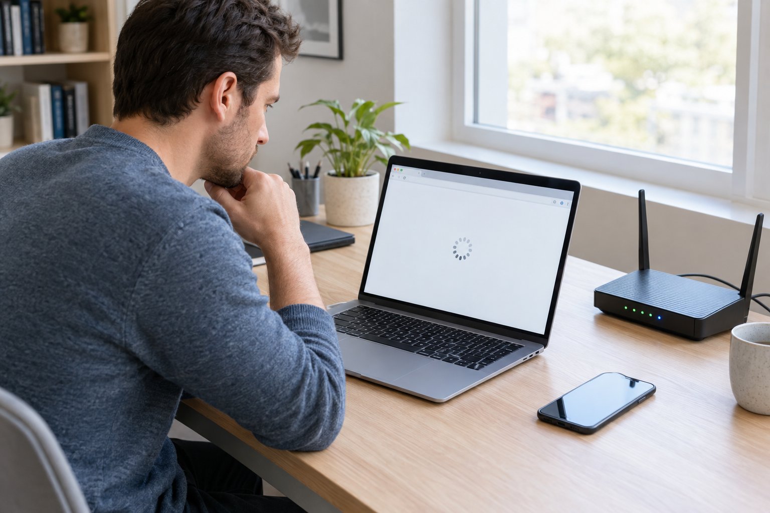 A person checks a laptop and Wi-Fi router while troubleshooting a website that will not load.