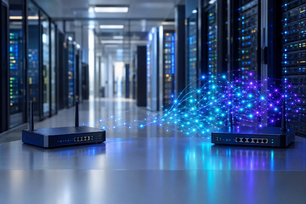 Two network routers connect through glowing data nodes in a server room.