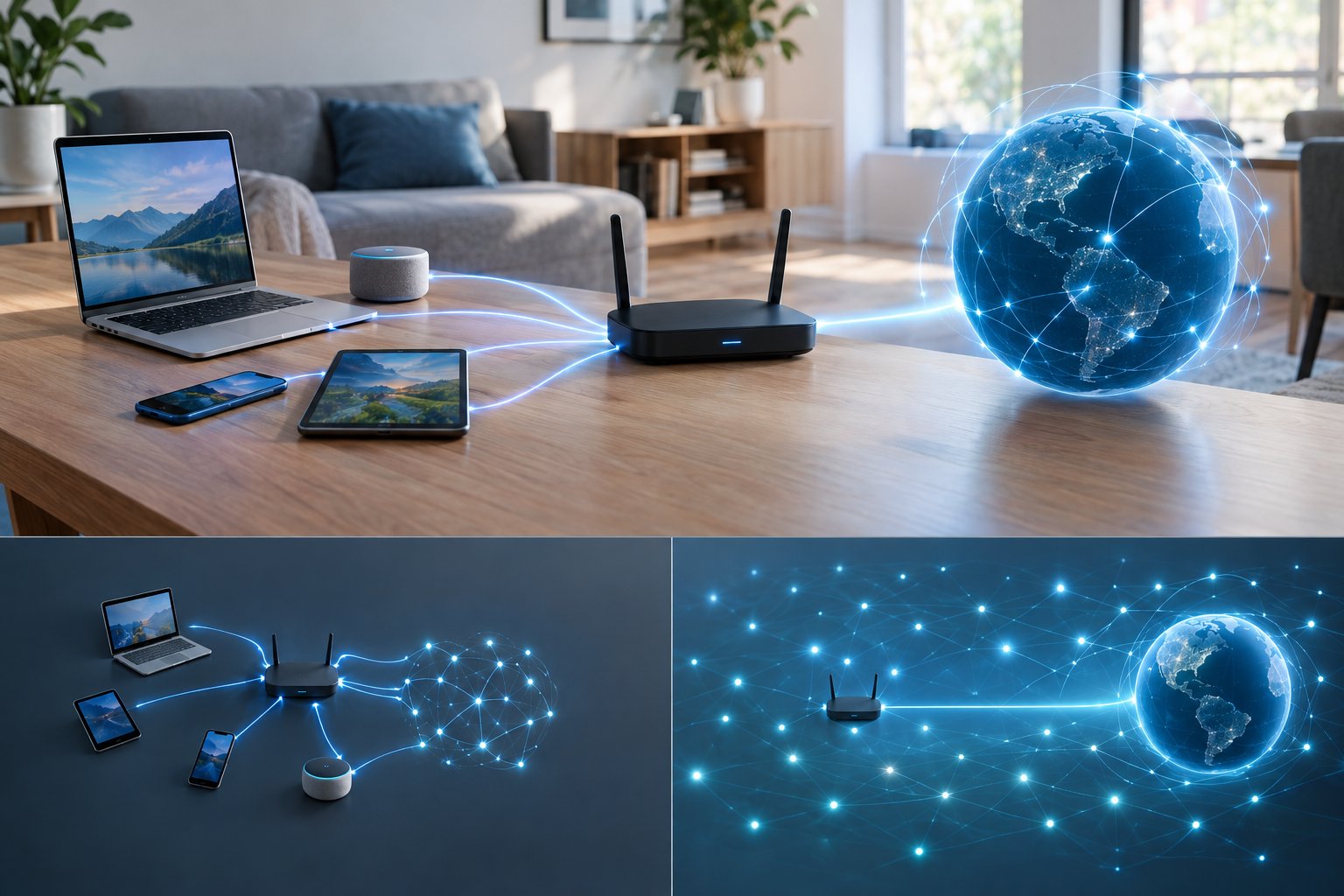 Several household devices connect through one router to the internet.