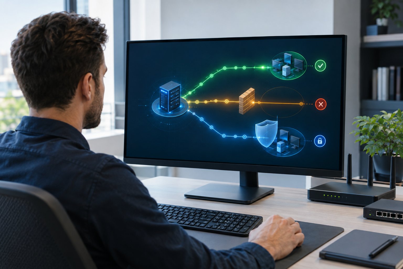 A network analyst examines a visualization showing three different connection pathways.