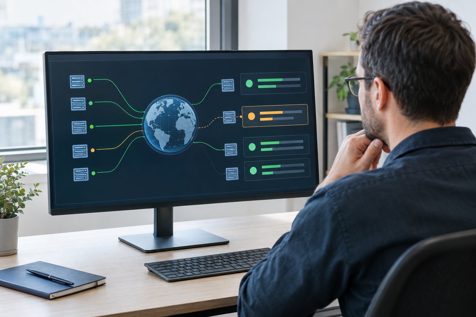 A cybersecurity analyst reviews a network diagnostics display at a workstation.