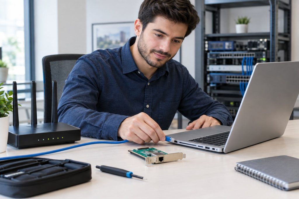 An IT professional connects an Ethernet cable to a laptop beside networking equipment.
