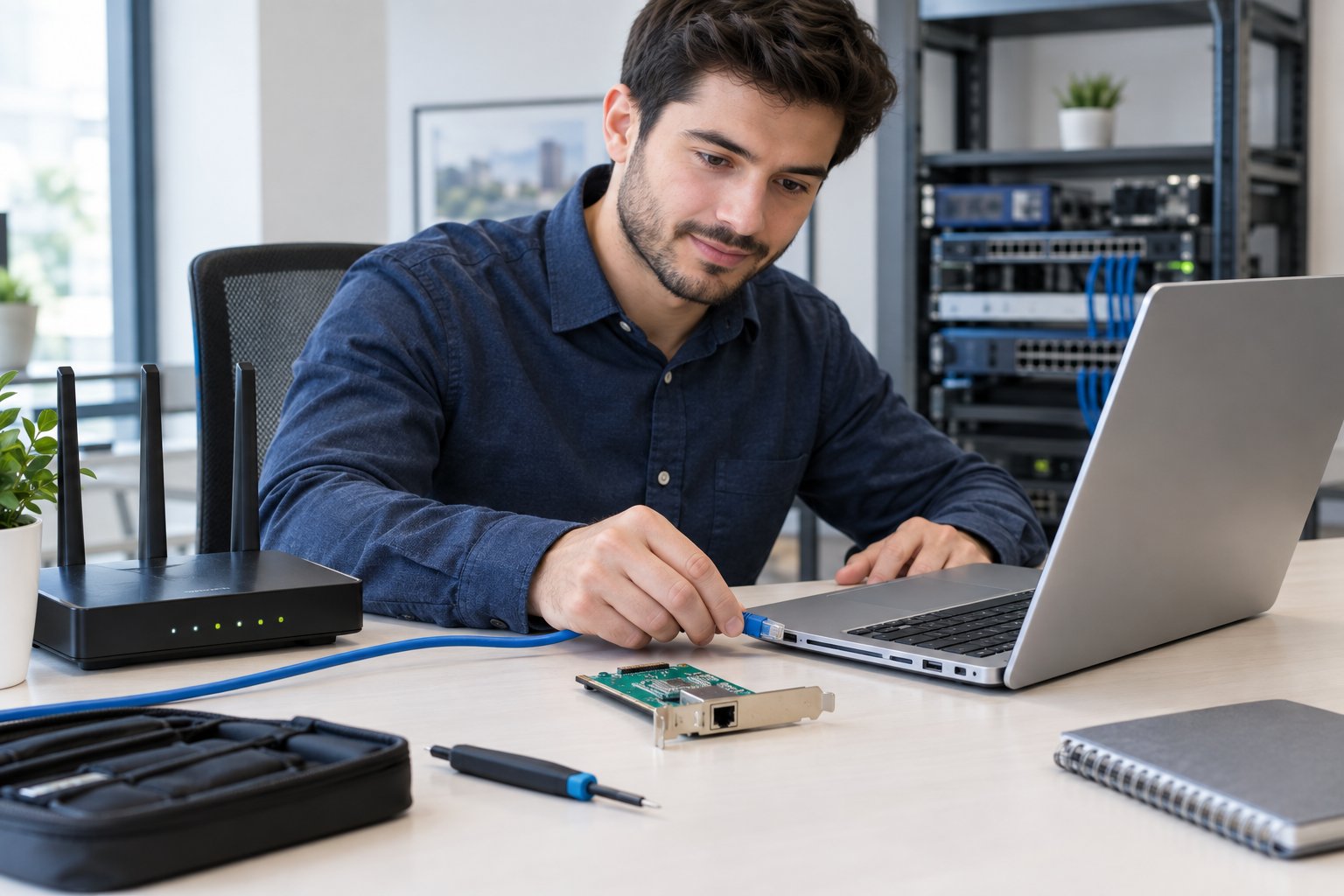An IT professional connects an Ethernet cable to a laptop beside networking equipment.