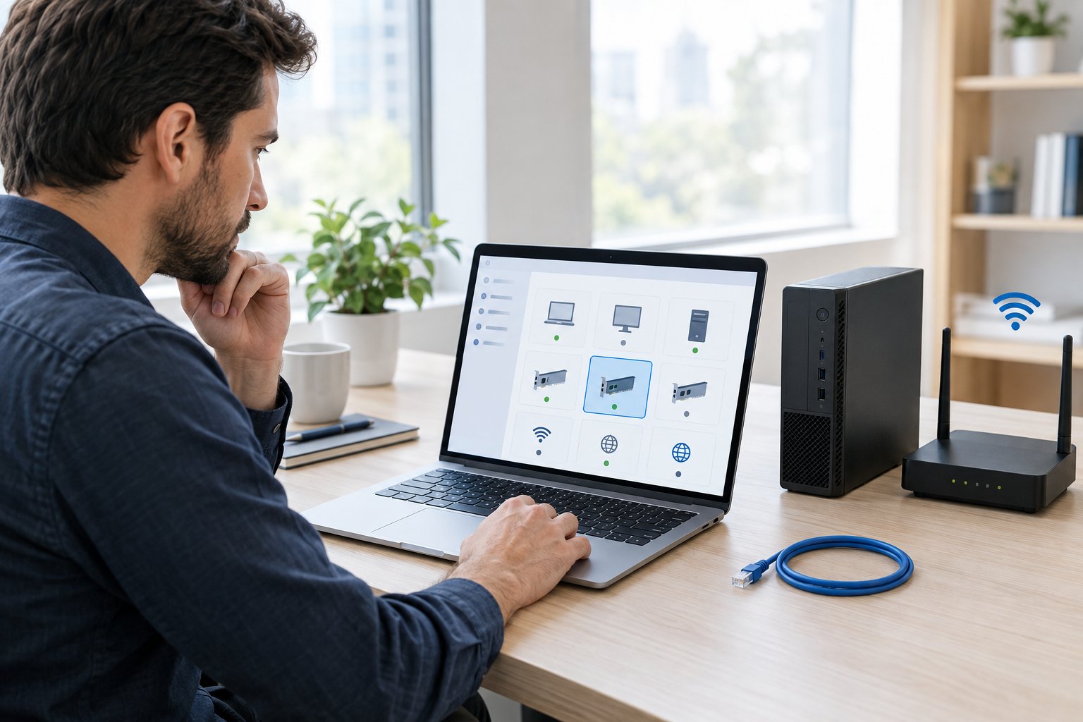 An IT professional examines a laptop, computer, and wireless router.