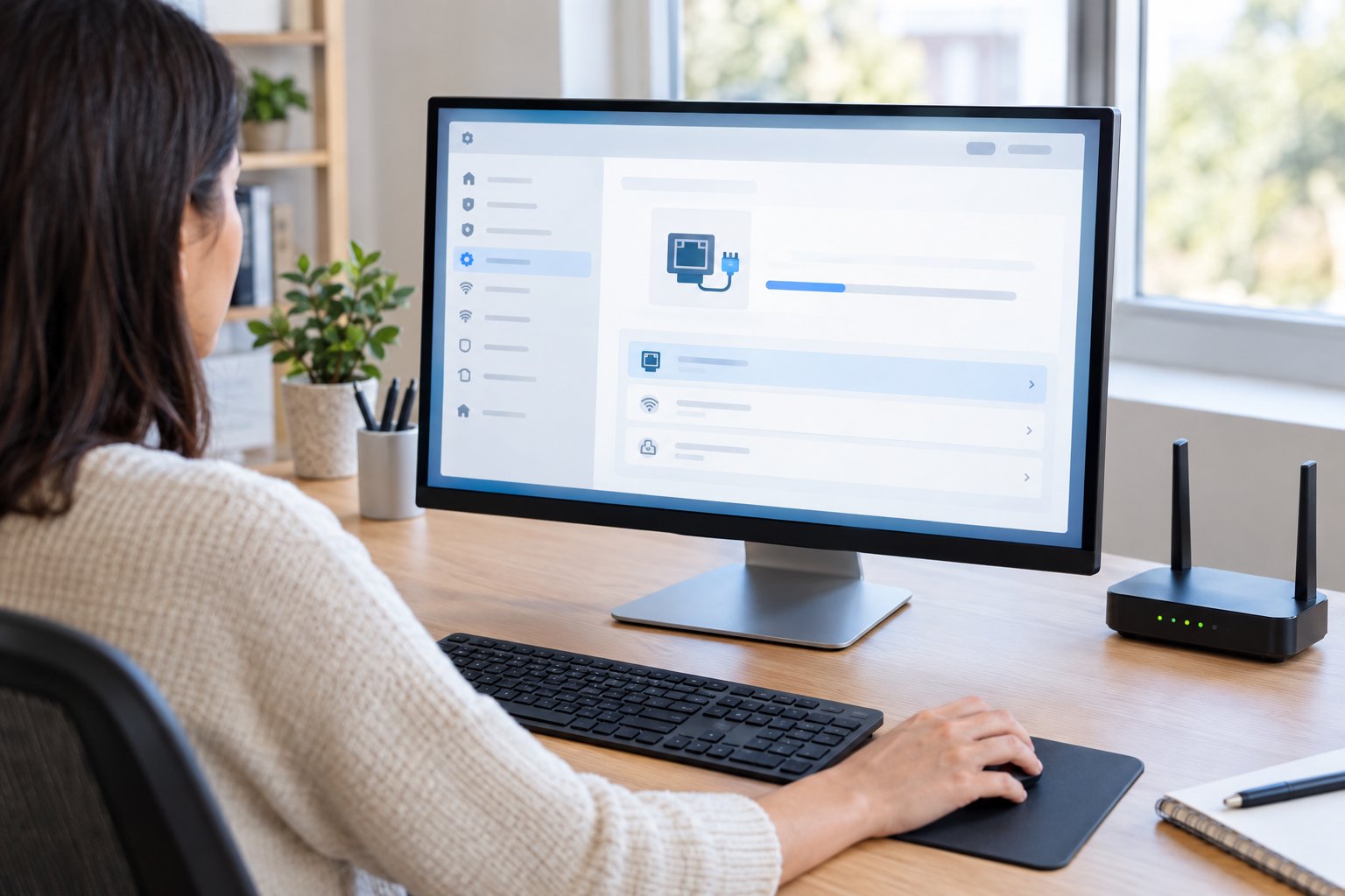 A person uses a desktop computer beside a Wi-Fi router.