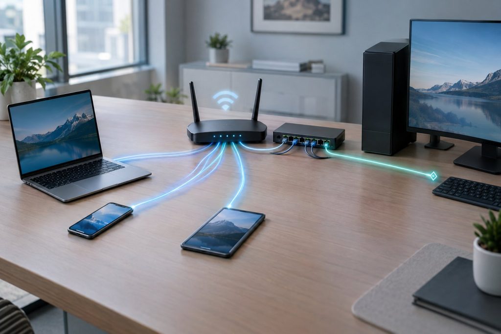 A router connects several devices, with flowing light paths on one side and a steady path to a single device on the other.