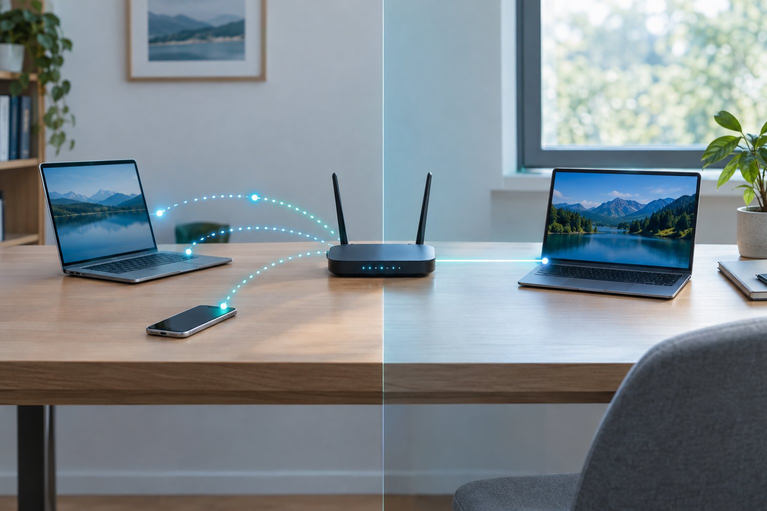 A router connects a laptop and smartphone, with visual cues showing automatic and fixed network connections.