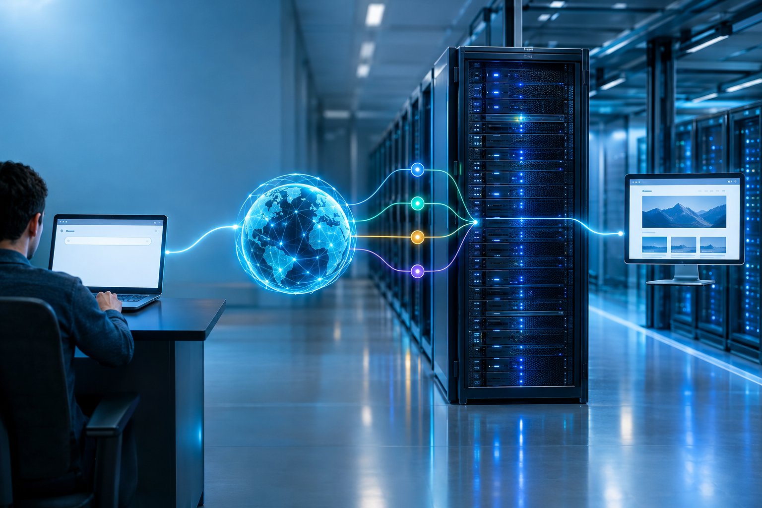 A computer, server, and globe connected by network pathways.