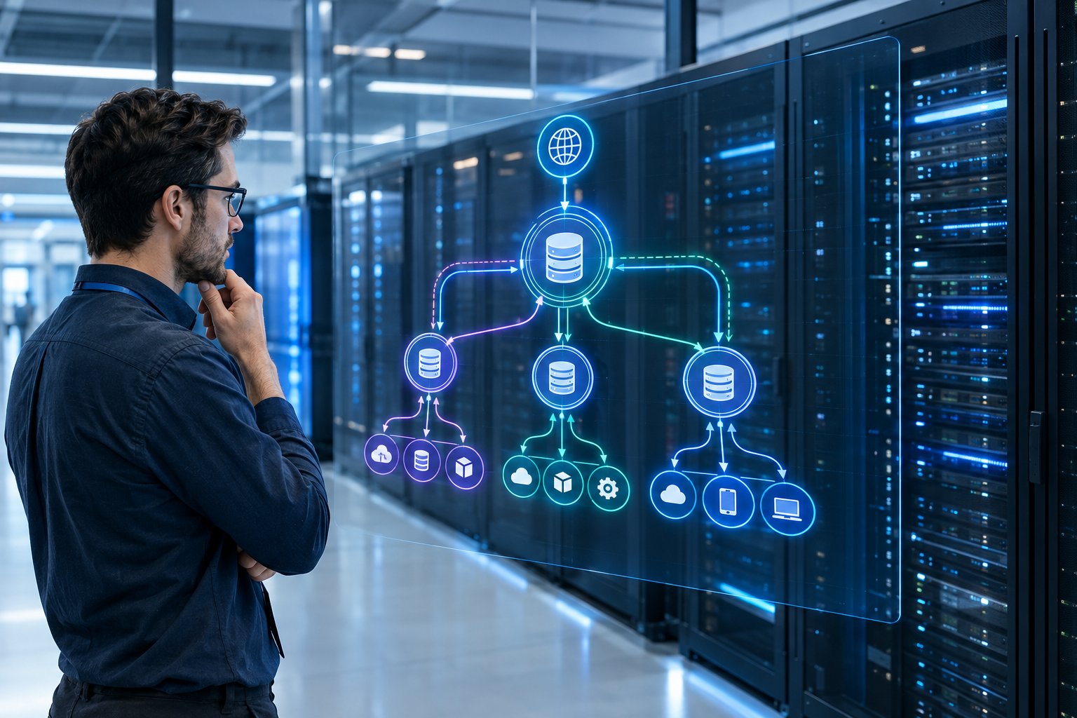 A network engineer views connected servers and data pathways in a data center.