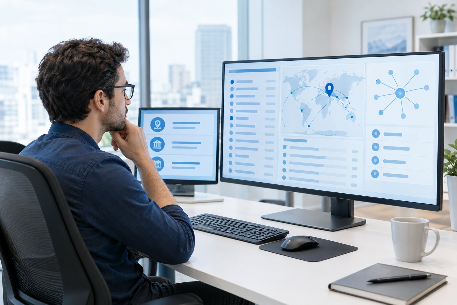 A cybersecurity analyst examines abstract network and location data on computer screens.