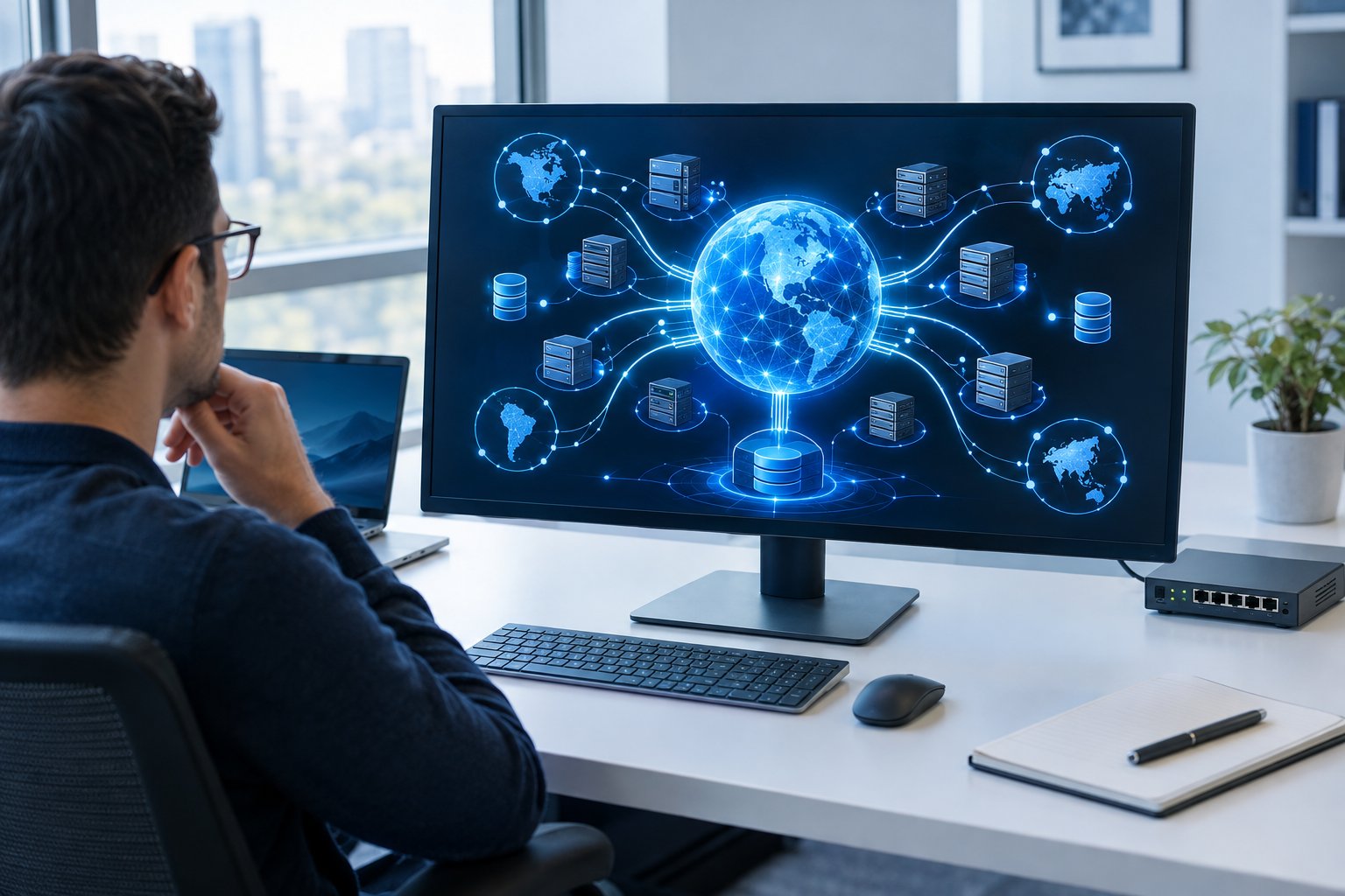 A network researcher examines a visualization of connected servers and data sources.