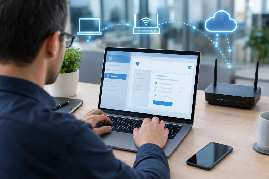 A network administrator adjusts a laptop beside a wireless router.