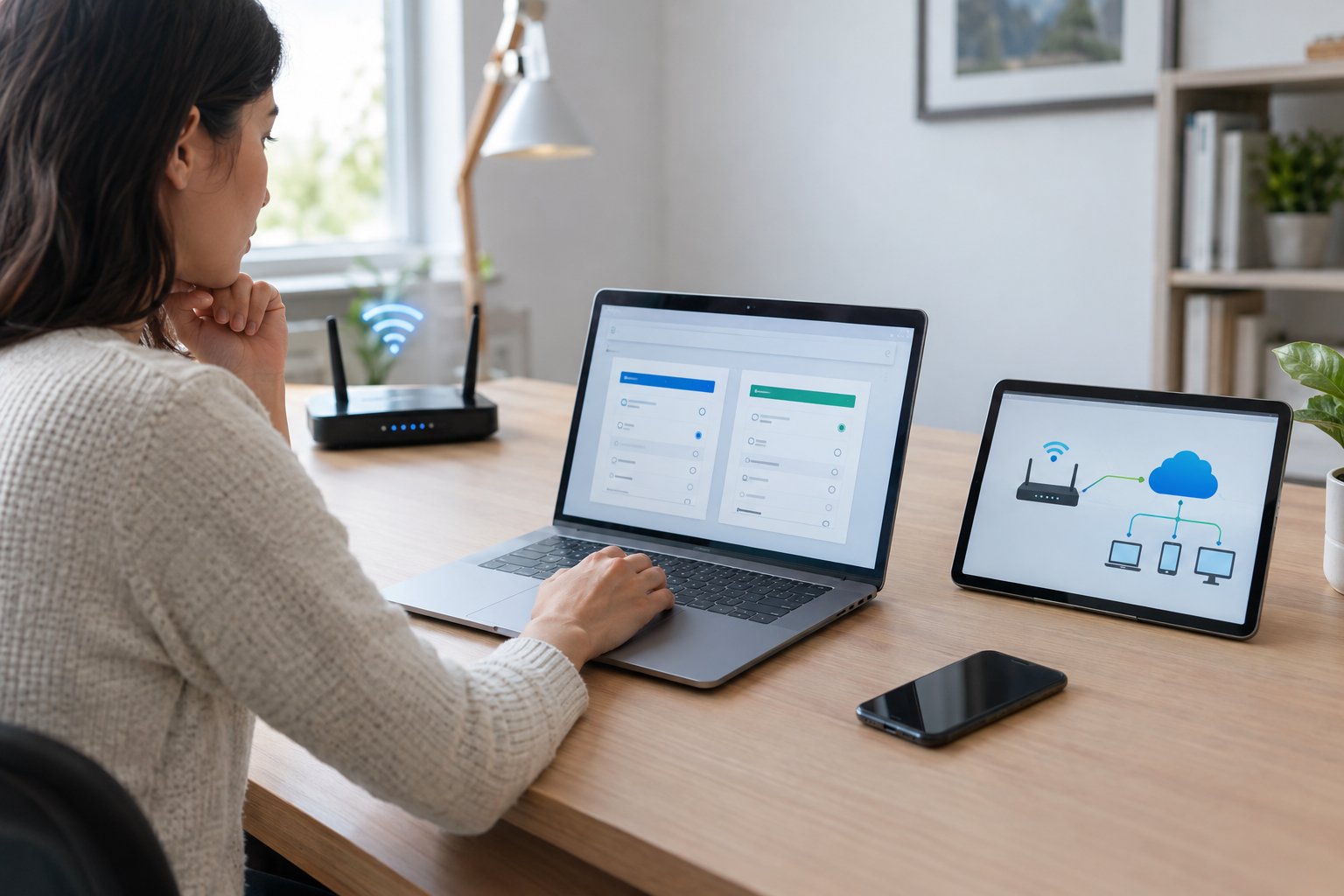 A person reviews network settings on a laptop beside a wireless router.