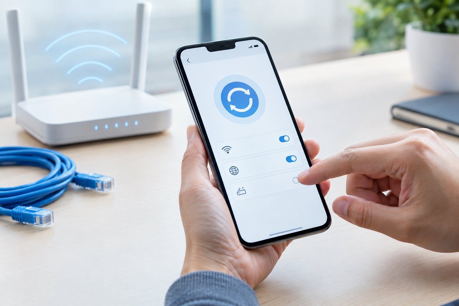 A hand uses a smartphone beside a wireless router.