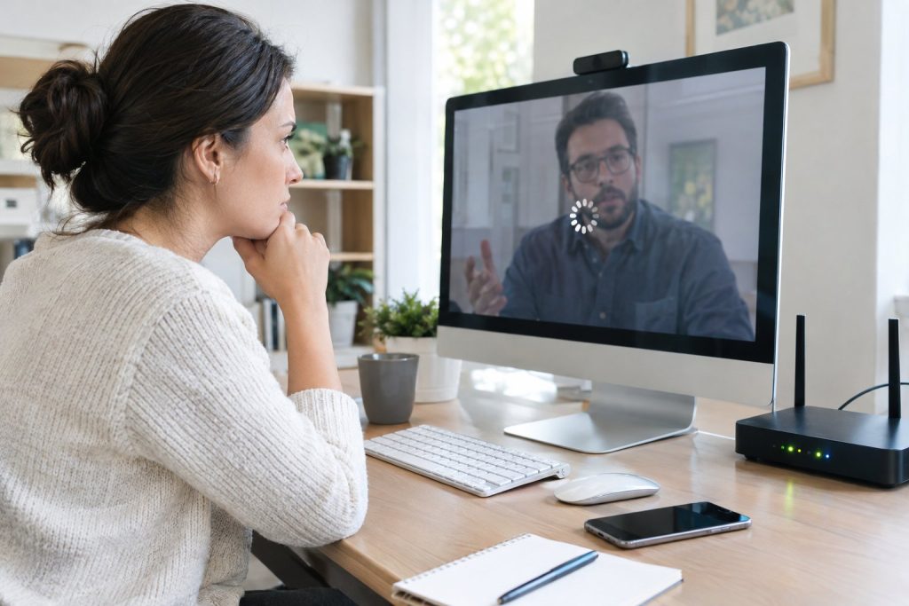 A person waits at a desk as a video call freezes on a computer screen.
