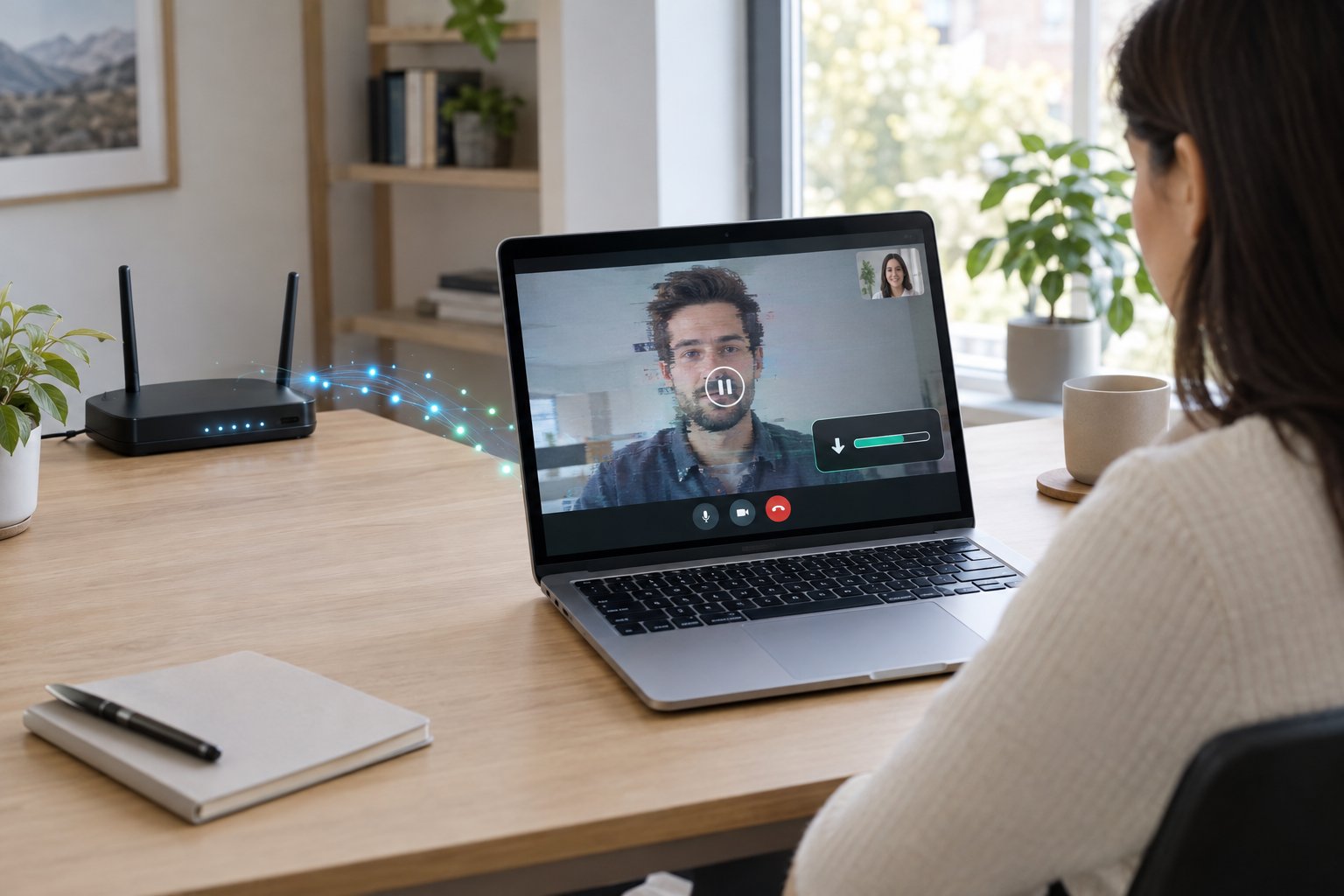 A person uses a laptop for a video call beside a Wi-Fi router.