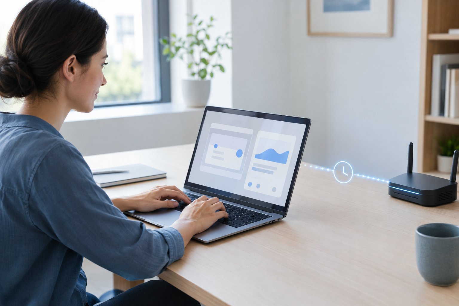 A software professional works at a laptop beside a wireless router.