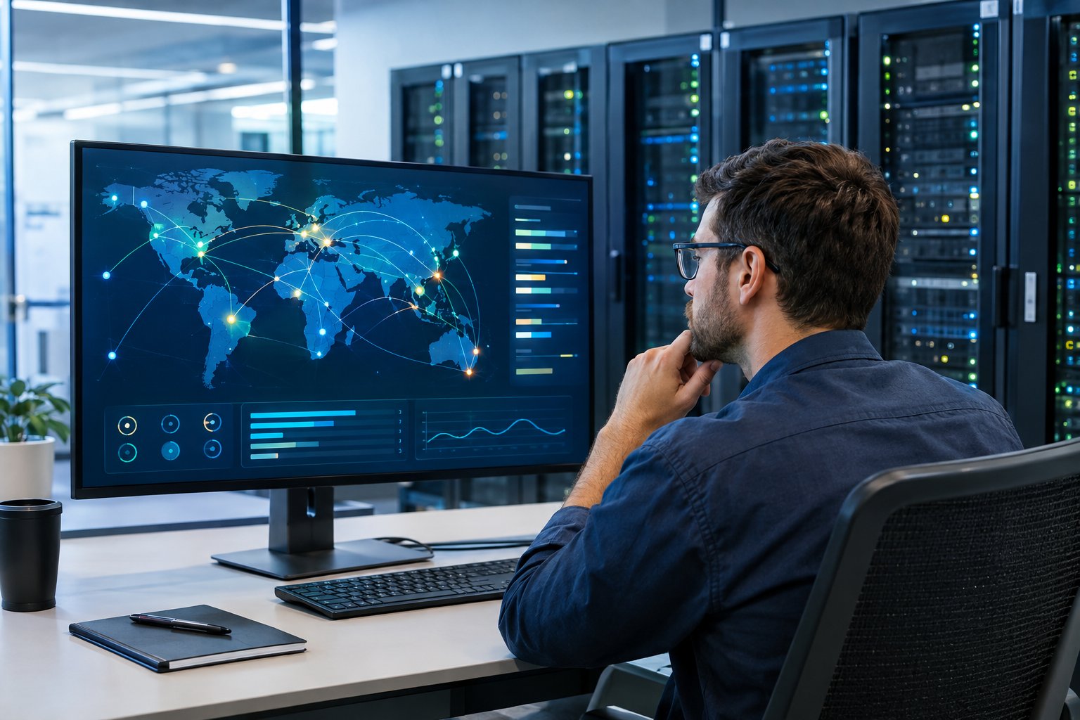 A network engineer reviews abstract performance charts beside server racks.