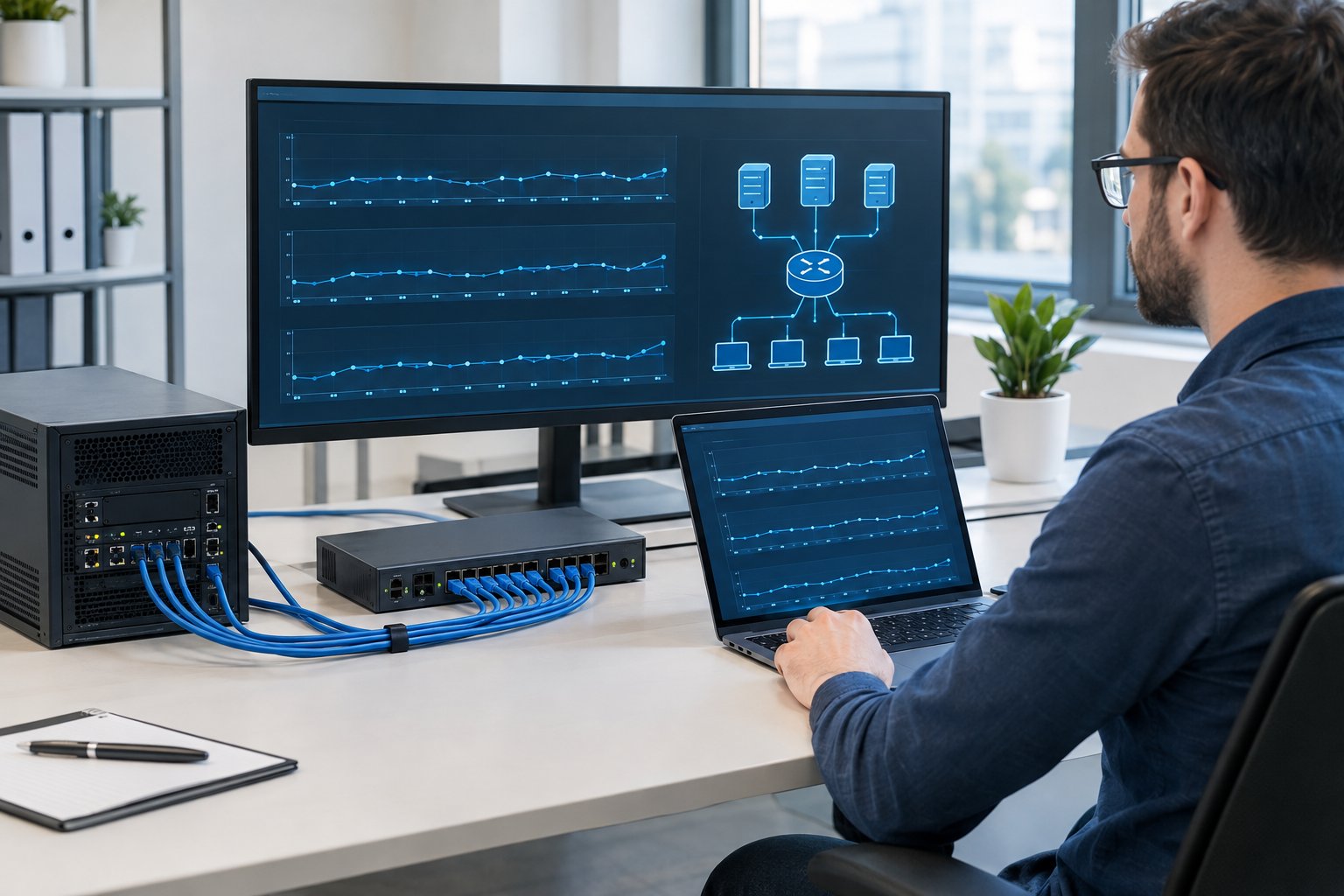 A network engineer monitors a repeated test using a laptop, server, and network switch.