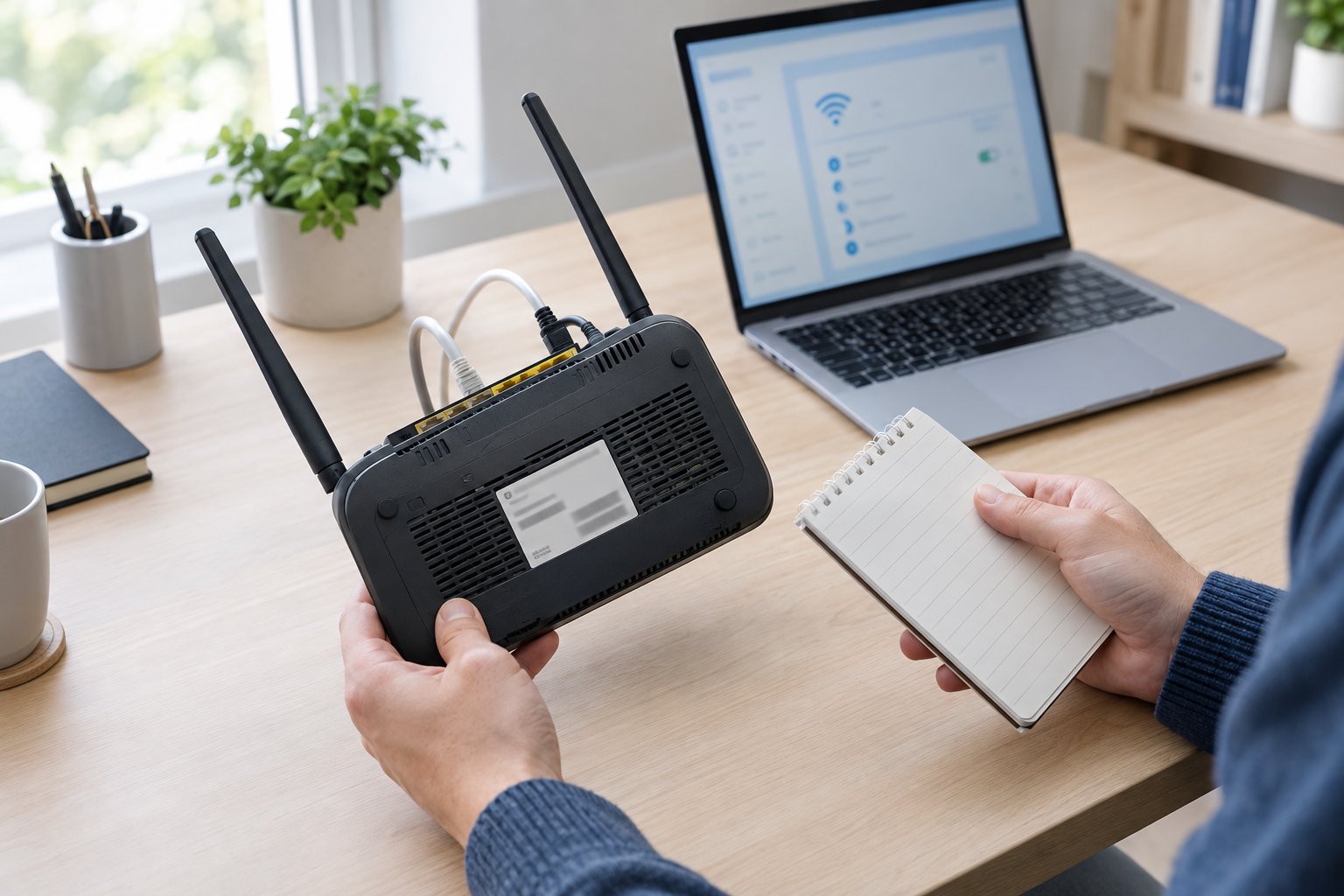 A person checks the label on a home Wi-Fi router beside a laptop.