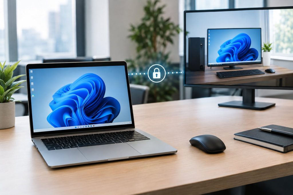 A laptop and desktop computer connected in an office.