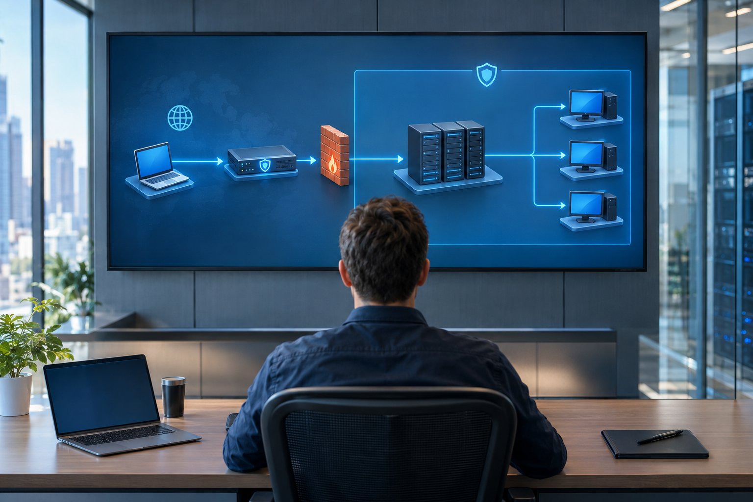A network administrator views a diagram of a laptop connecting through a gateway and remote desktop servers to office computers.